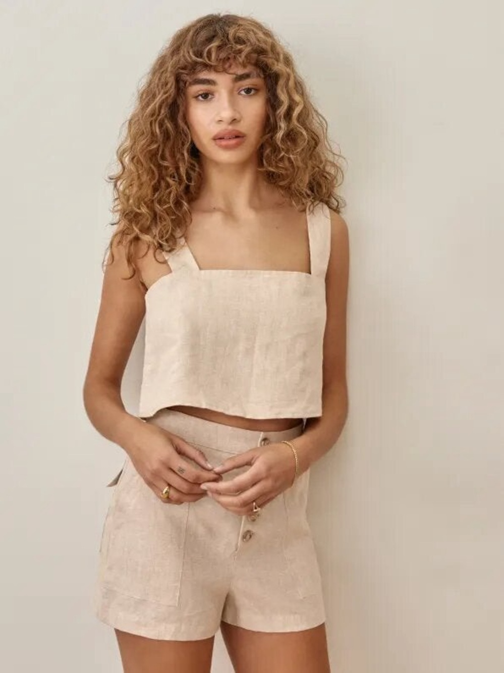 Reformation XS Lorin 100% linen square neck top in oatmeal